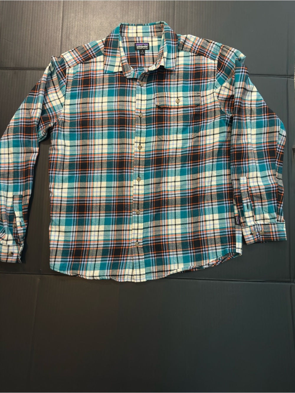 Patagonia Teal, White & Orange Plaid Button-Up Shirt